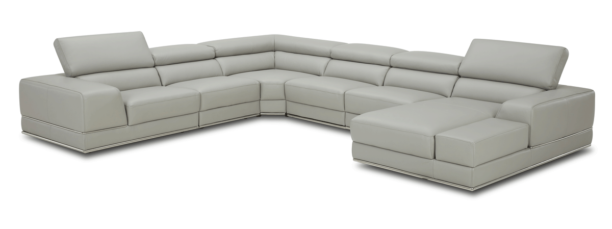 Modern Light Grey Leather Sectional with Adjustable Headrests and Storage Chaise