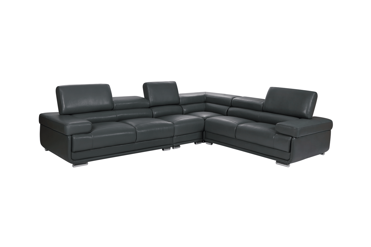 Modern Dark Grey Leather Sectional Sofa with Adjustable Headrests and Chrome Legs