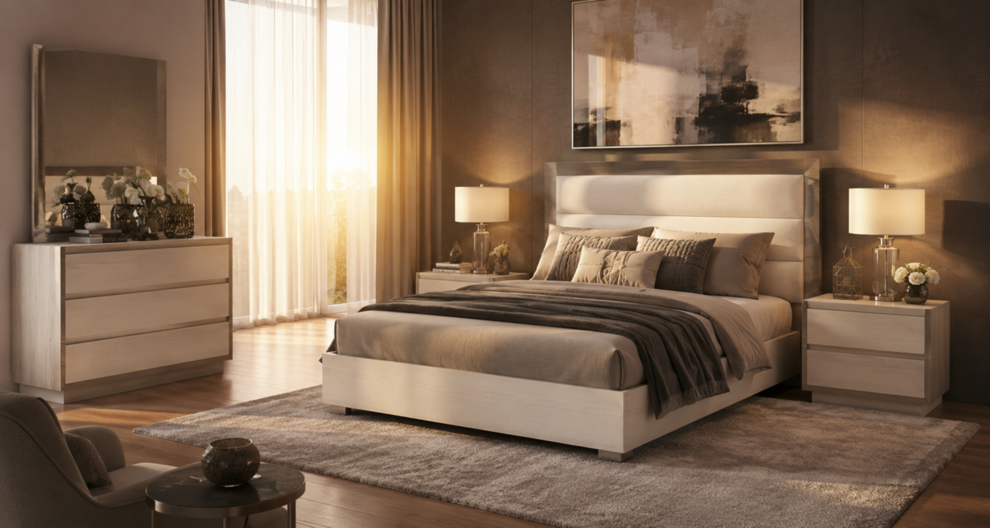 Modern High-Gloss White and Grey Queen Bed with Illuminated Upholstered Headboard and Complete Bedroom Set
