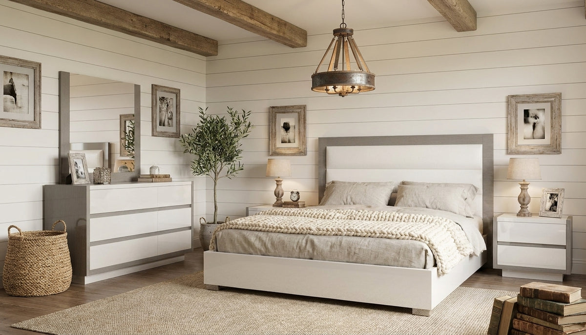 Modern White and Brownish-Grey Queen Bedroom Set with High-Gloss Finish and Upholstered Headboard