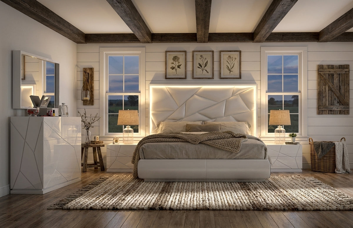 Modern White High-Gloss Bedroom Set with LED Headboard and Dresser Mirror