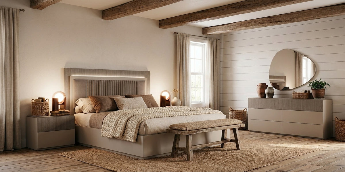 Upholstered Taupe Queen Bedroom Set with Illuminated Headboard and Coordinating Dresser