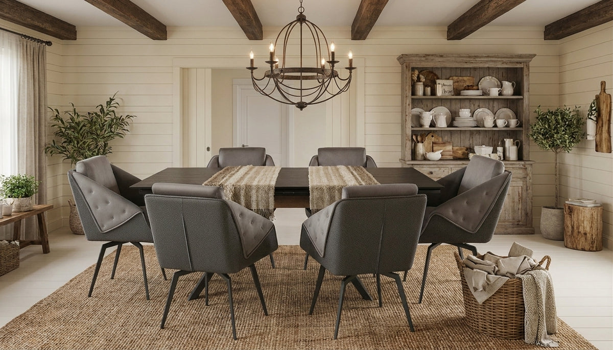 Contemporary Dark Extendable Dining Table with Upholstered Chairs and Metal Legs