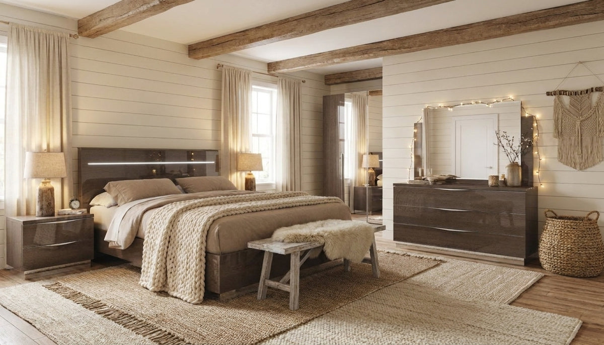 Modern Silver Birch Bed with Integrated Headboard Lighting and Coordinating Dresser