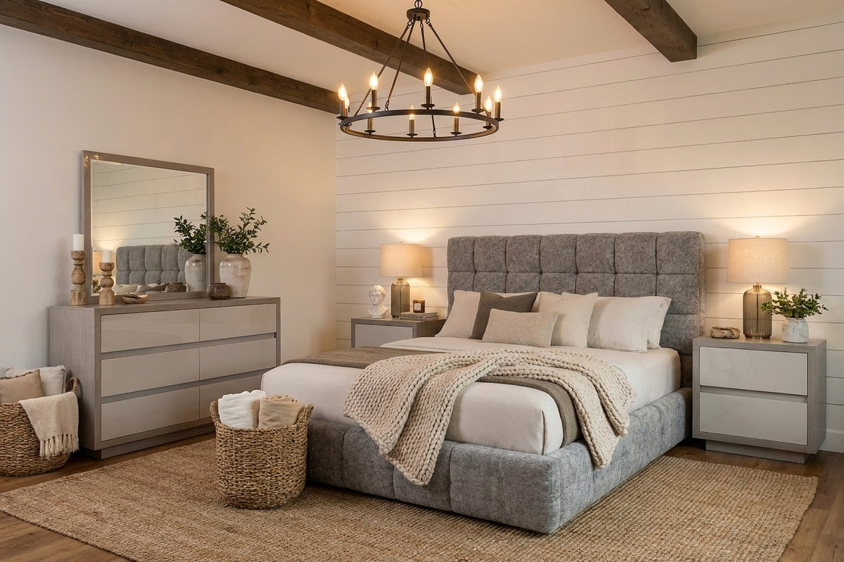 Upholstered Grey Queen Bed with Grid-Tufted Headboard and Matching Dresser Set