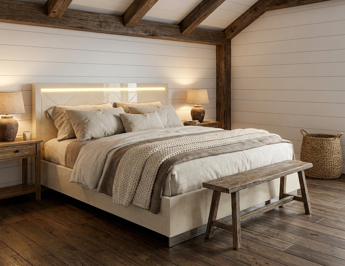Modern Ivory High-Gloss Queen Bed with Storage Drawer and Integrated Dimmer Lighting