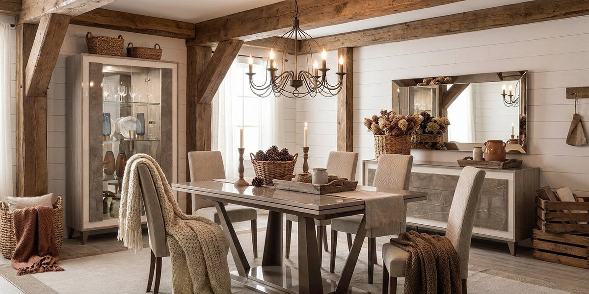 Sleek Glossy Taupe Dining Table with Extension Leaf and Upholstered Chairs