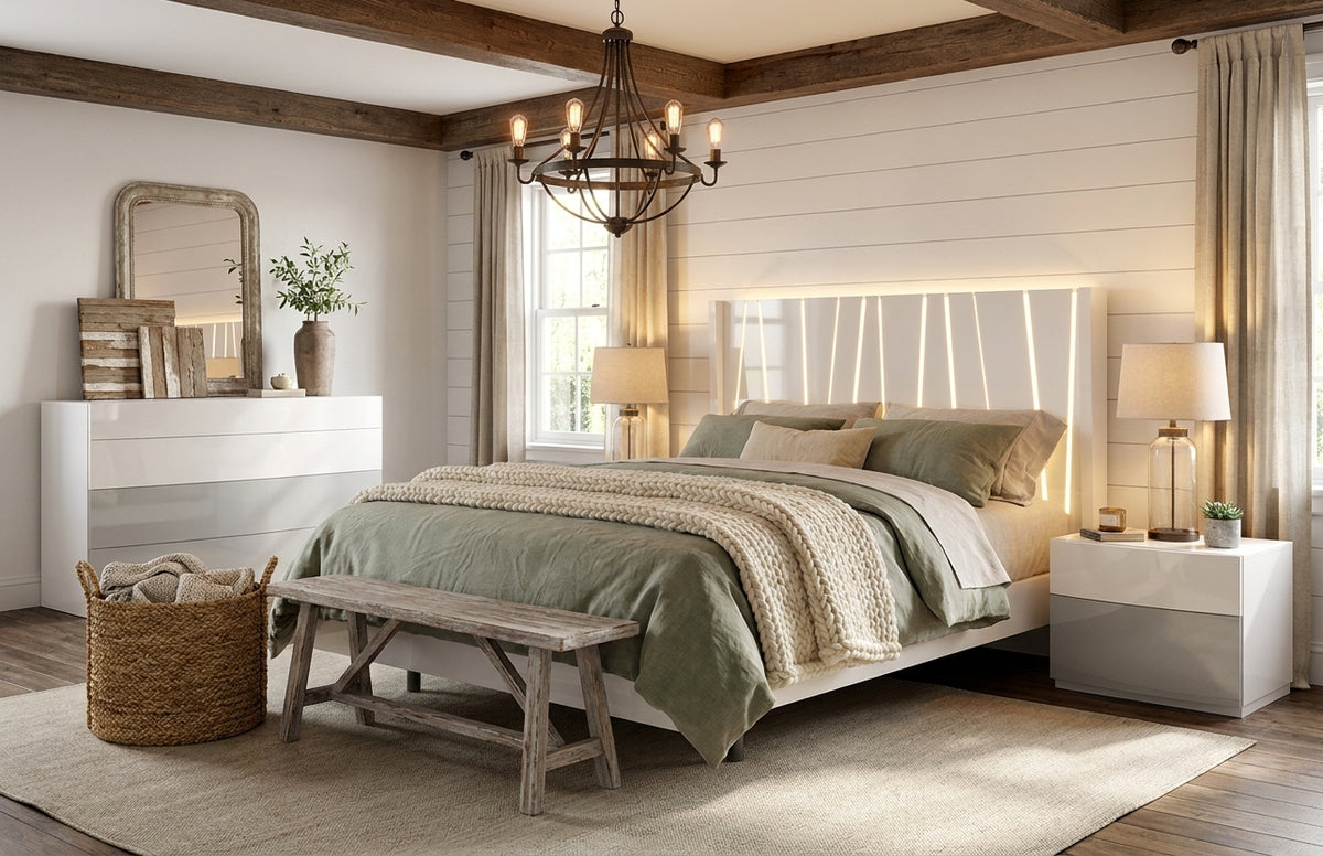 Modern White High-Gloss Queen Bedroom Set with Illuminated Headboard and Mirrored Dresser