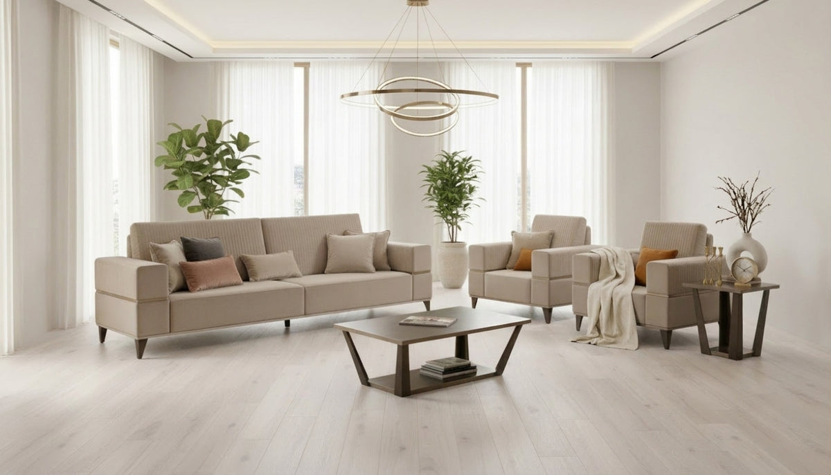 Classic Beige Velvet Sofa and Armchair Set with Wood Coffee Table and Lamp Table
