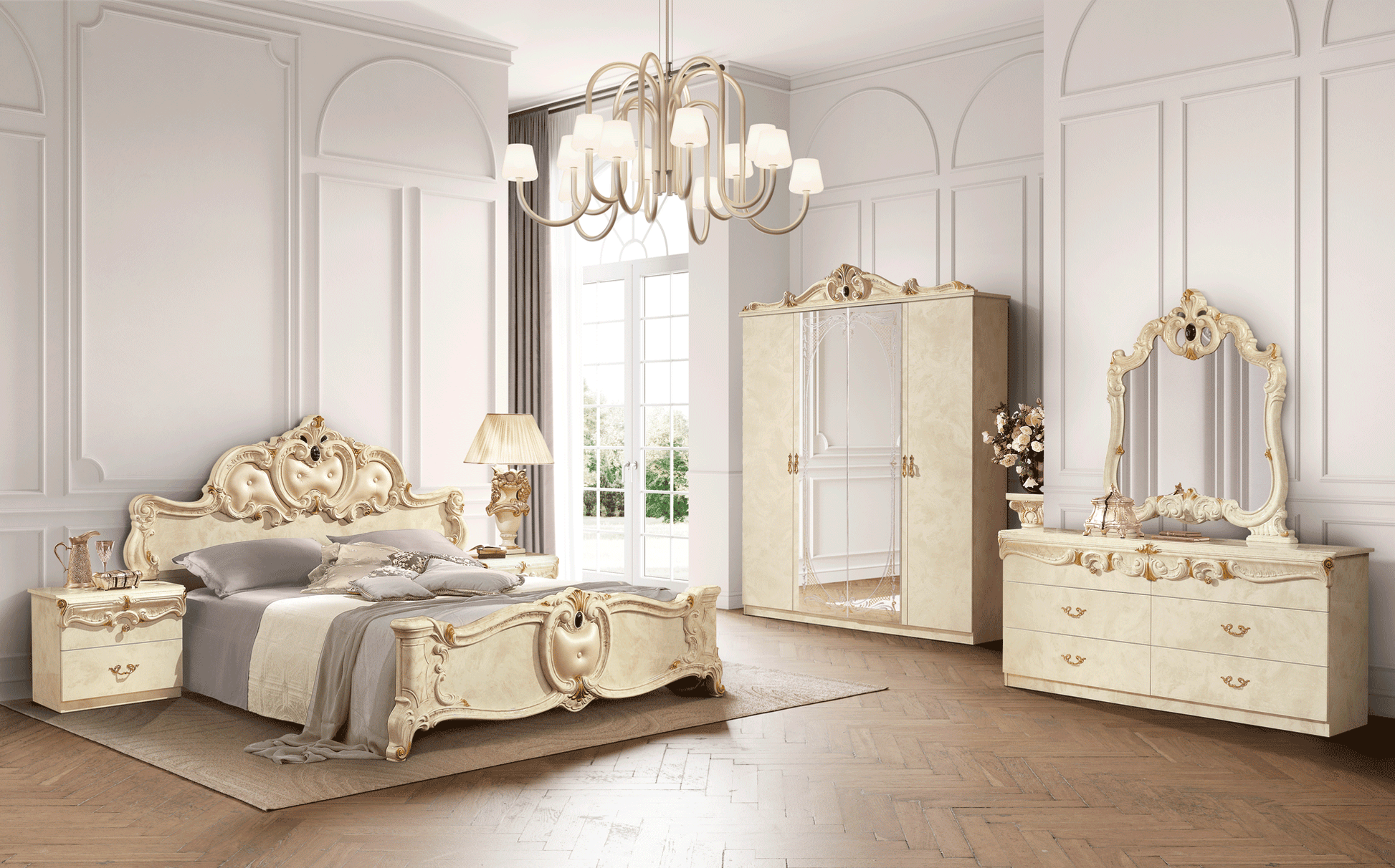 Complete Bedroom Setwith Ivory High Gloss Lacquer - 81 Inch