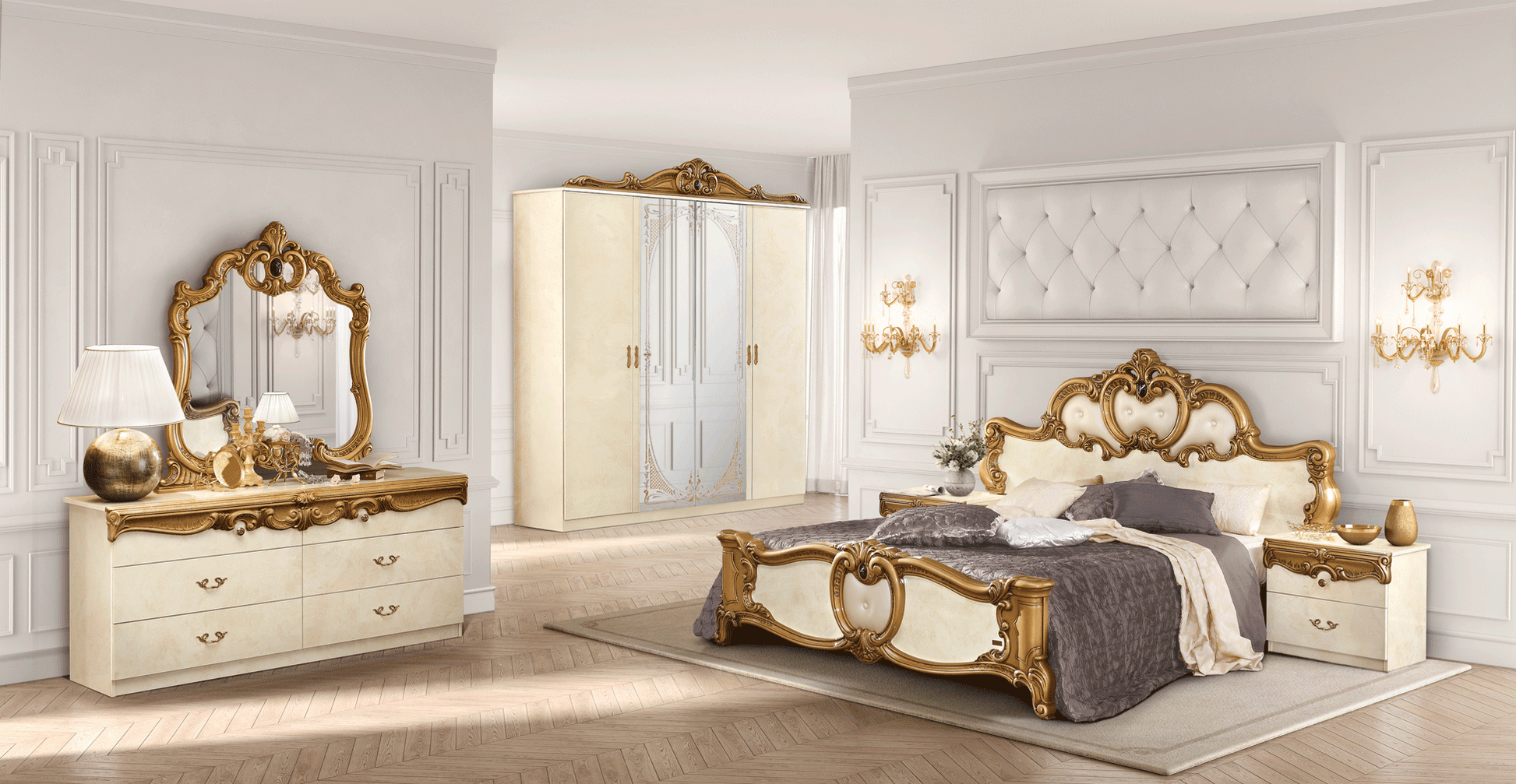 Complete Bedroom Setwith Ivory High Gloss Lacquer - 81 Inch