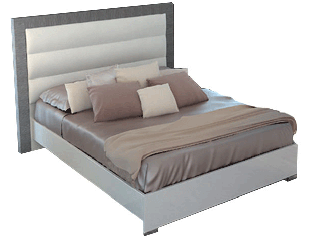 Modern White and Grey Queen Bed with Upholstered Headboard and Wooden Slats Frame