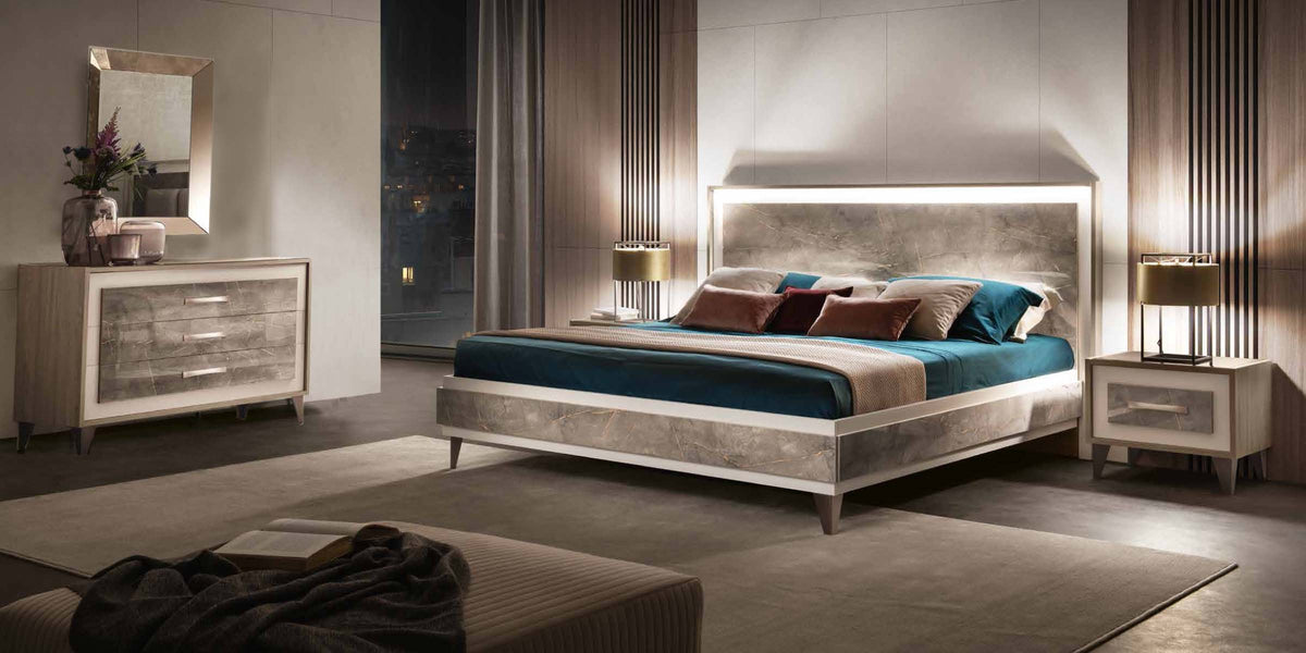 Classic Stone-Textured Bedroom Set with LED Headboard and Dresser