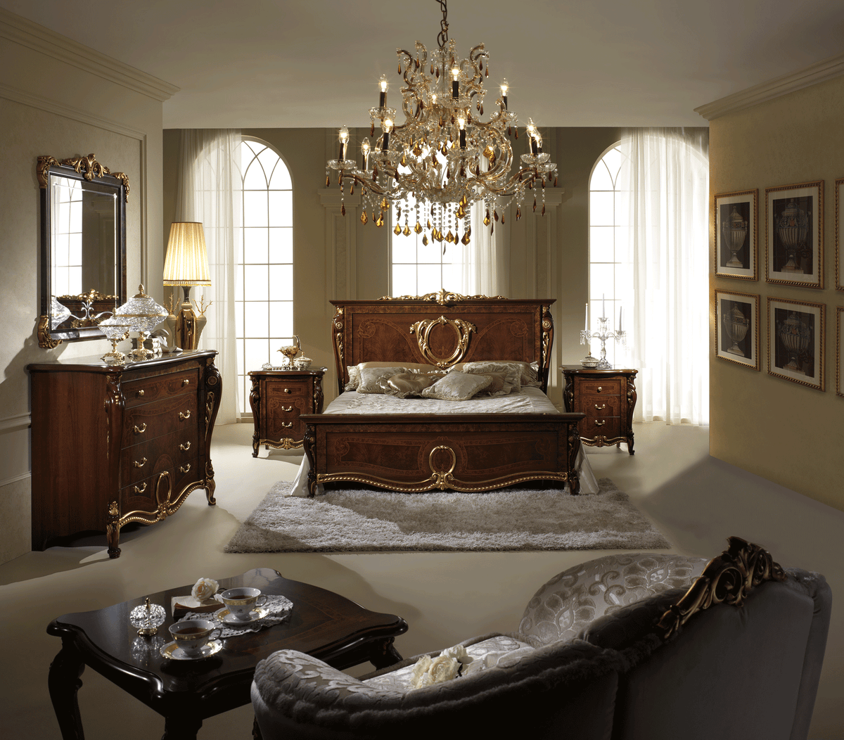Classic Walnut Queen Bed with Gold Accents and Matching Nightstands