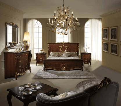 Classic Walnut Queen Bed with Gold Accents and Matching Nightstands