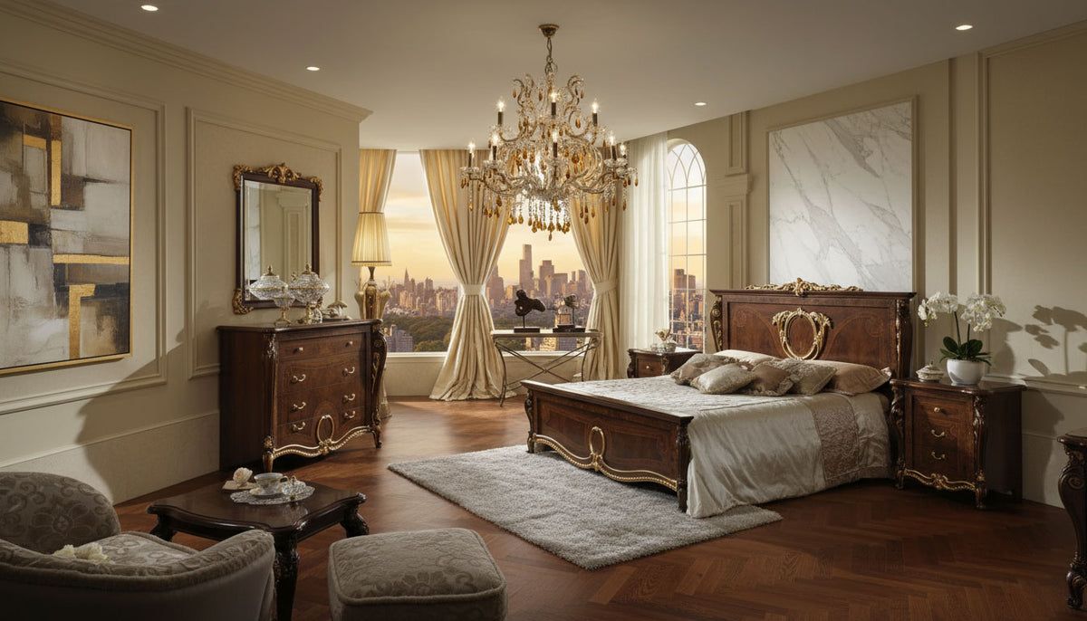 Classic Walnut Queen Bed with Gold Accents and Matching Nightstands