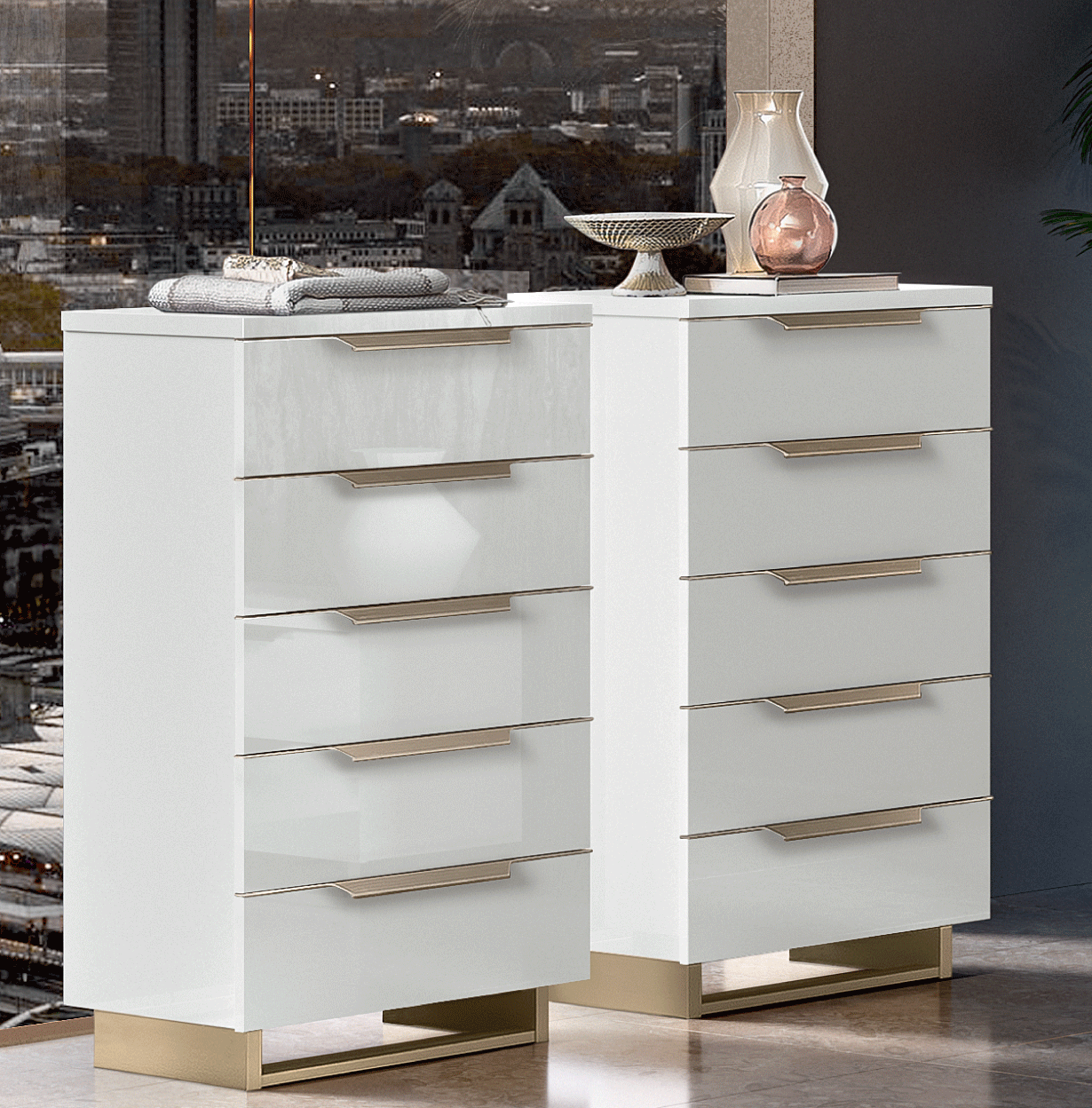 Modern White and Gold Chest with High-Gloss Finish