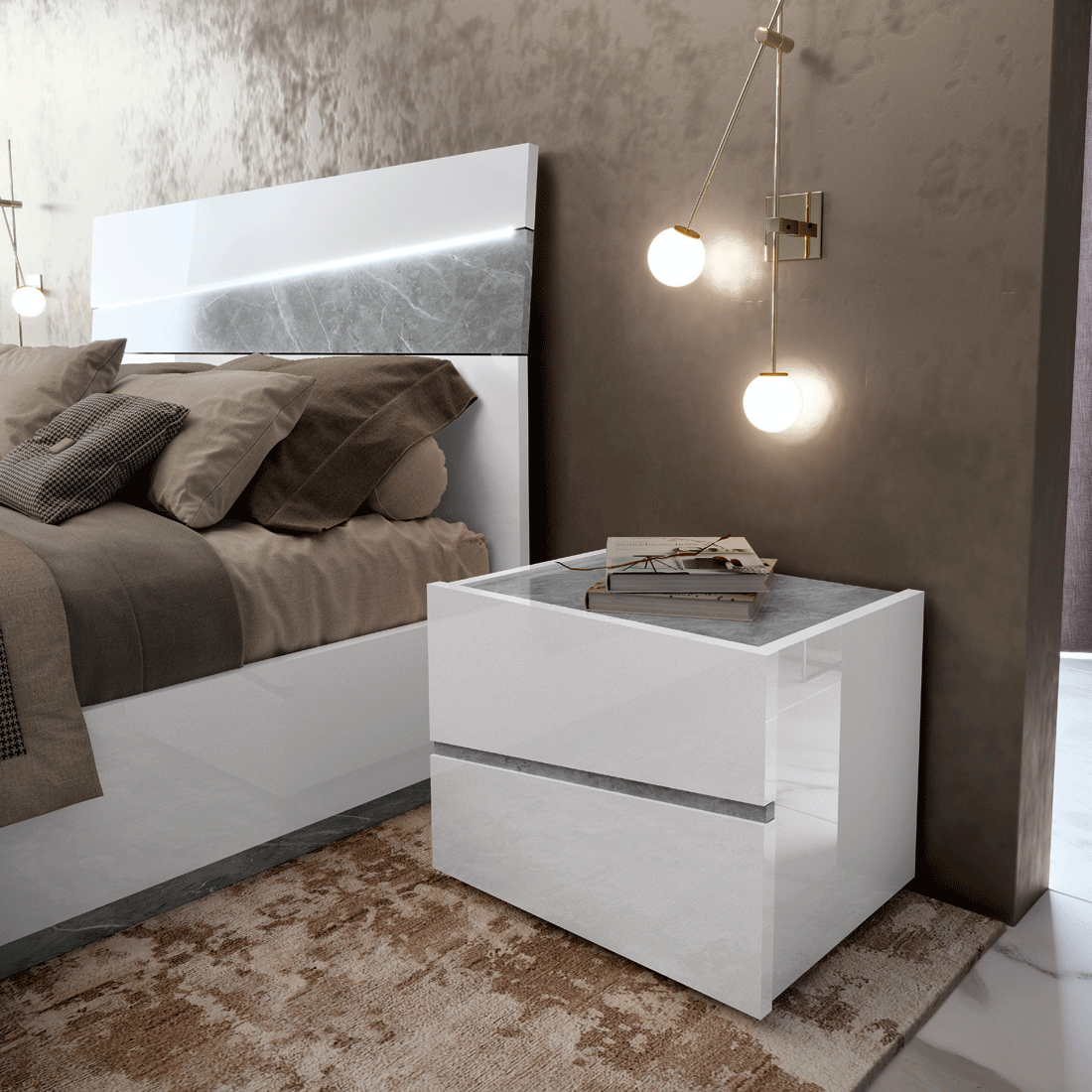 Complete Bedroom Setwith White High Gloss Lacquer - 23 Inch