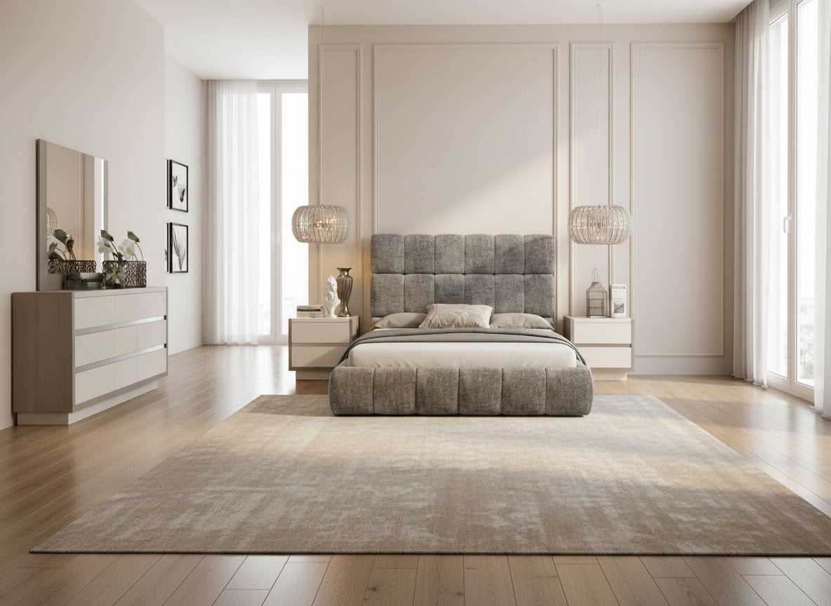 Upholstered Grey Queen Bed with Grid-Tufted Headboard and Matching Dresser Set