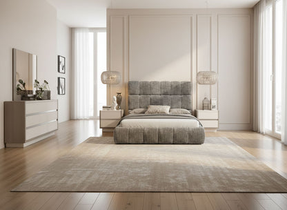 Upholstered Grey Queen Bed with Grid-Tufted Headboard and Matching Dresser Set