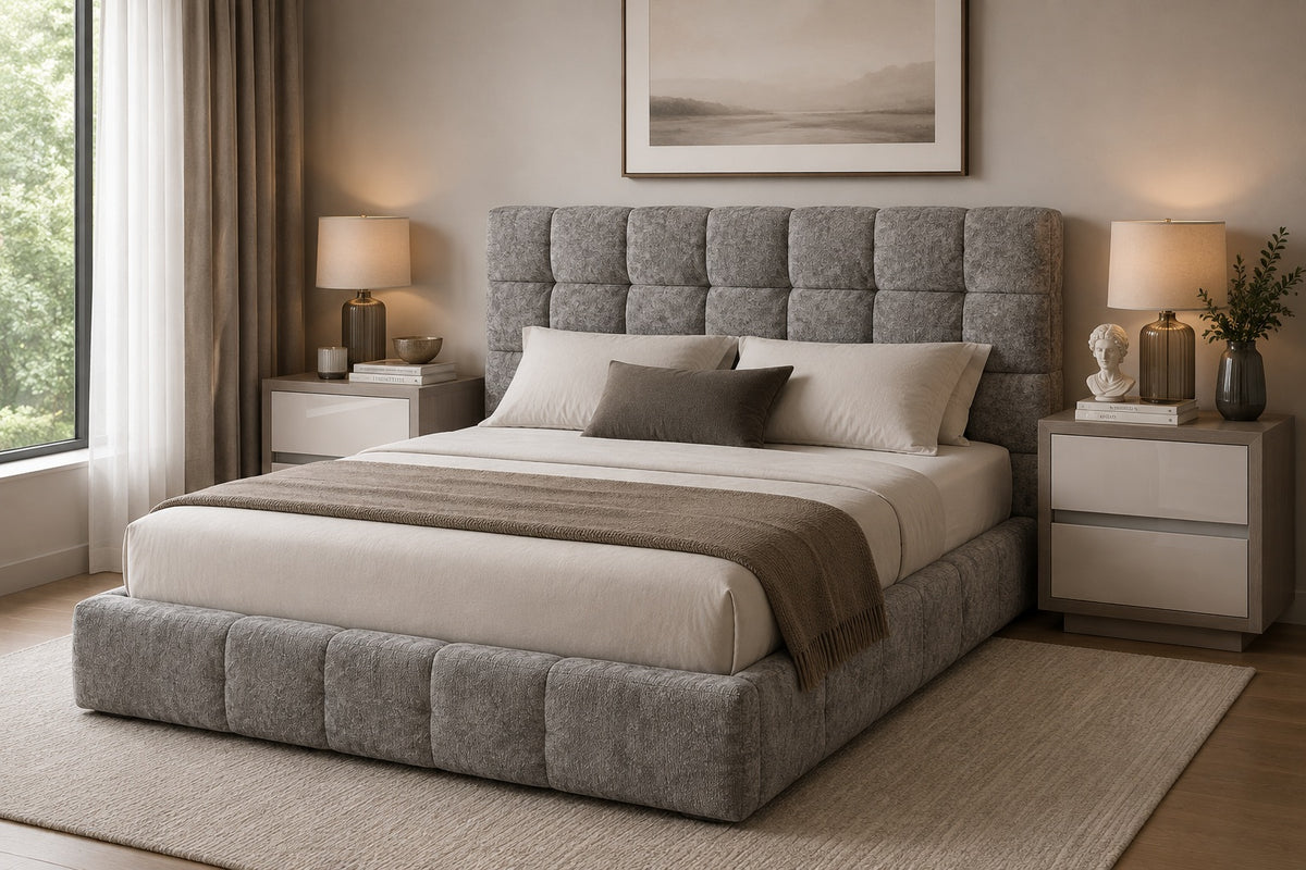 Upholstered Grey Queen Bed with Grid-Tufted Headboard and Matching Dresser Set