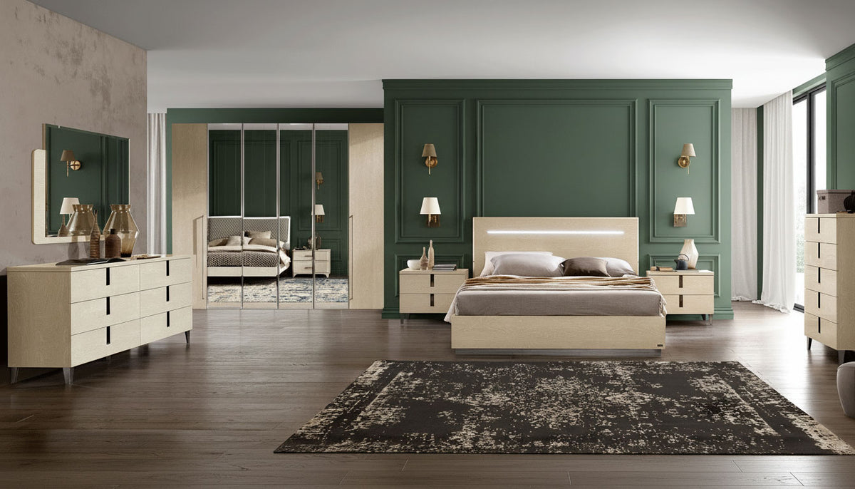 Modern Ivory High-Gloss Queen Bed with Storage Drawer and Integrated Dimmer Lighting