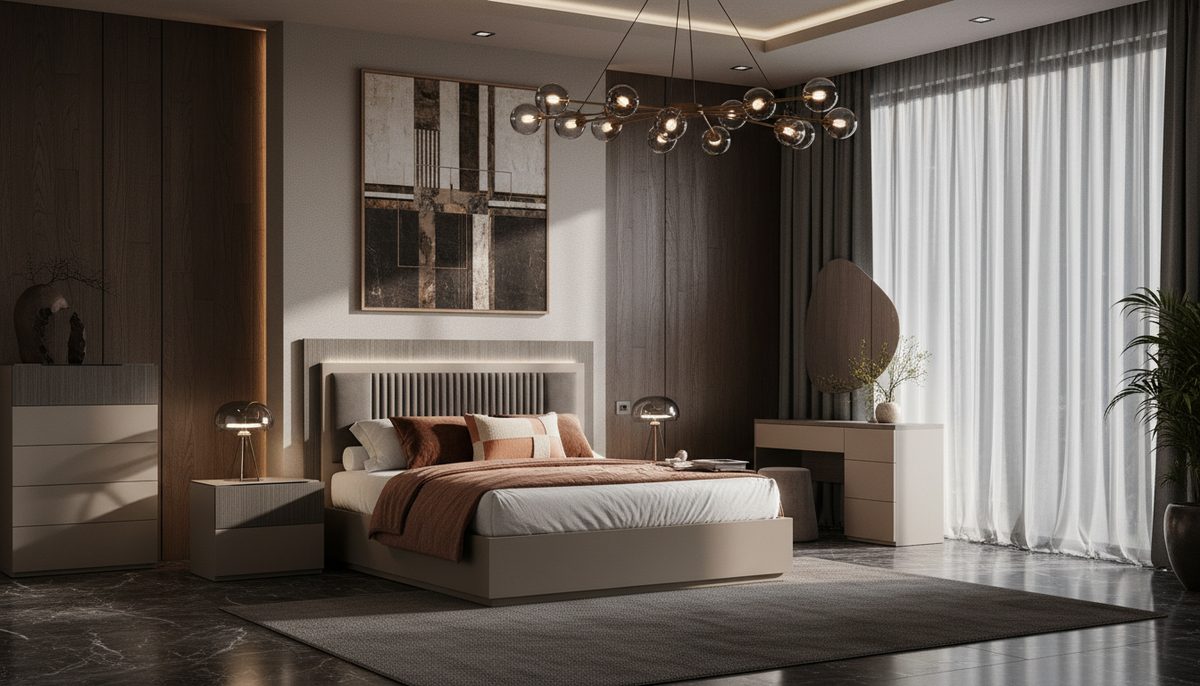 Upholstered Taupe Queen Bedroom Set with Illuminated Headboard and Coordinating Dresser