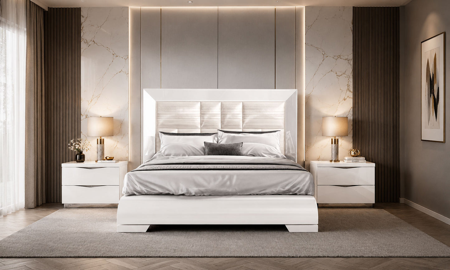 Complete Bedroom Setwith White High Gloss Lacquer - 69 Inch