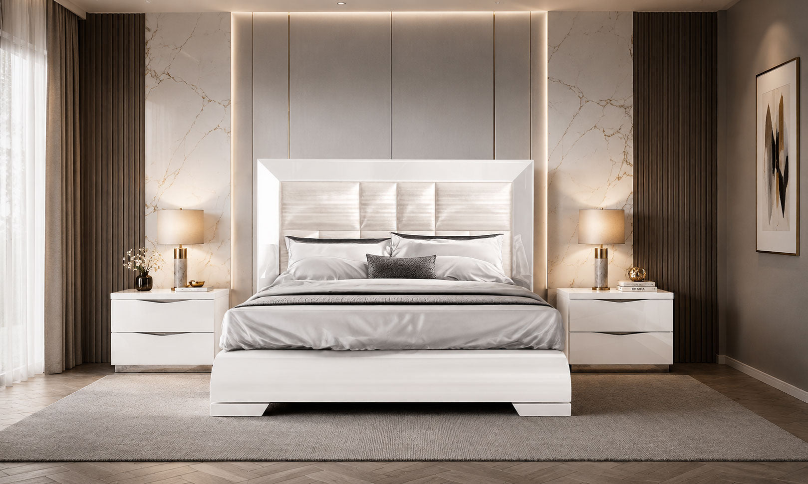Complete Bedroom Setwith White High Gloss Lacquer - 69 Inch