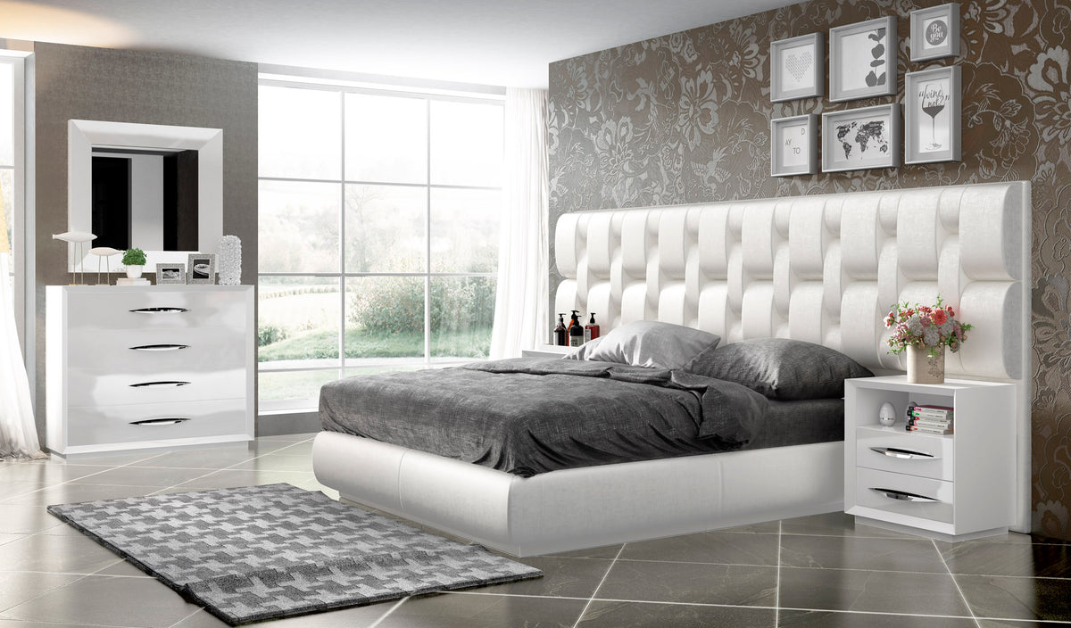 Upholstered White Platform Bed with Matching Nightstands and Dresser