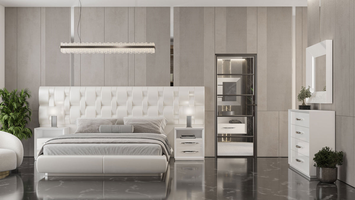 Upholstered White Platform Bed with Matching Nightstands and Dresser