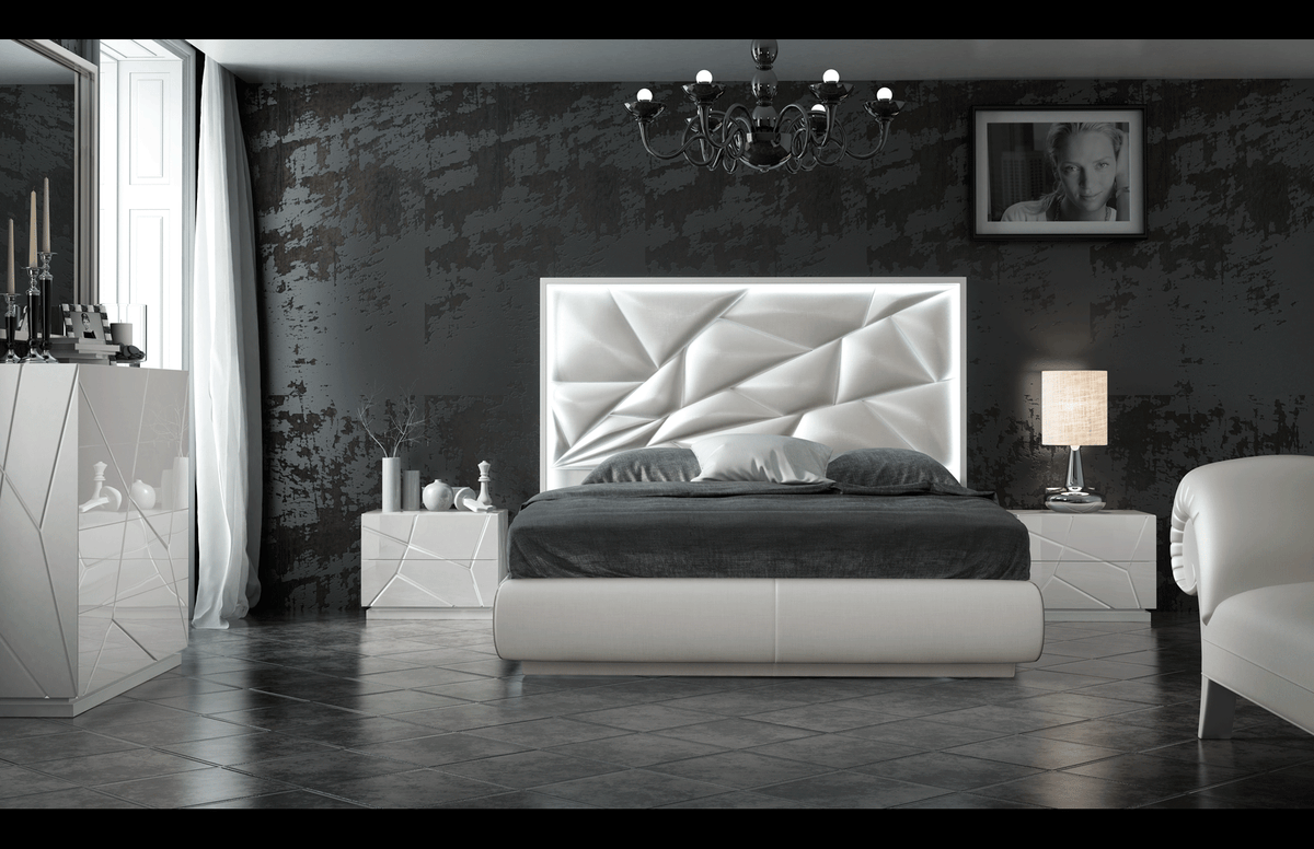 Modern White High-Gloss Bedroom Set with LED Headboard and Dresser Mirror