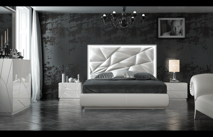 Modern White High-Gloss Bedroom Set with LED Headboard and Dresser Mirror