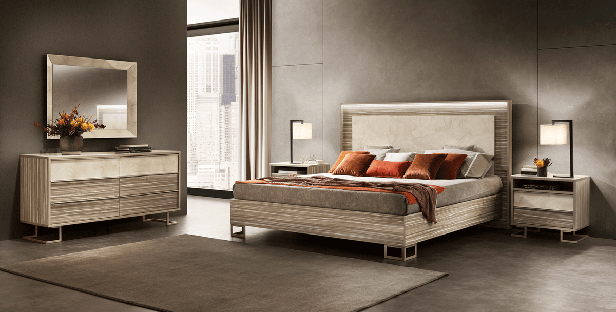 Upholstered Light Wood Queen Bedroom Set with Ambient Lighting and Mirrored Dresser