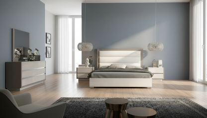 Modern White and Brownish-Grey Queen Bedroom Set with High-Gloss Finish and Upholstered Headboard