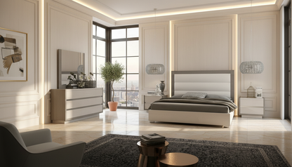 Modern White and Brownish-Grey Queen Bedroom Set with High-Gloss Finish and Upholstered Headboard