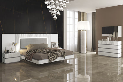 Contemporary White Platform Bedroom Set with Lighted Headboard and Mirrored Dresser