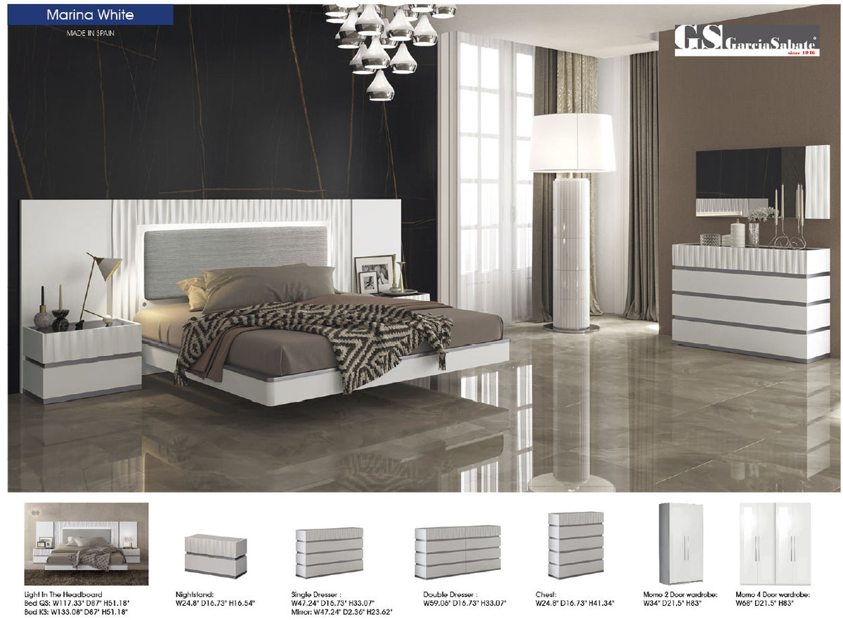 Contemporary White Platform Bedroom Set with Lighted Headboard and Mirrored Dresser
