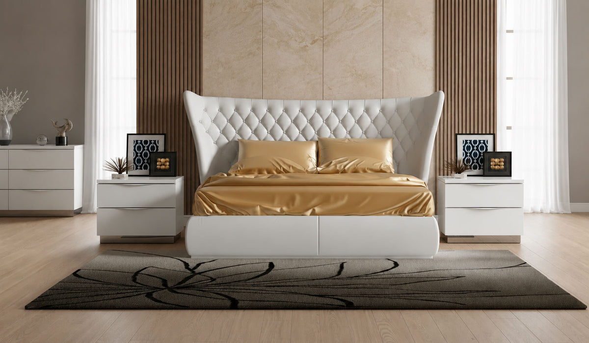 Modern High-Gloss White Bed with Upholstered Headboard and Matching Nightstands