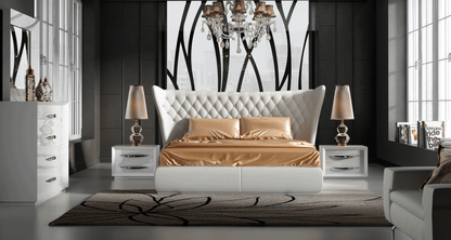 Modern White Queen Bedroom Set with Tufted Upholstered Headboard and High-Gloss Finish