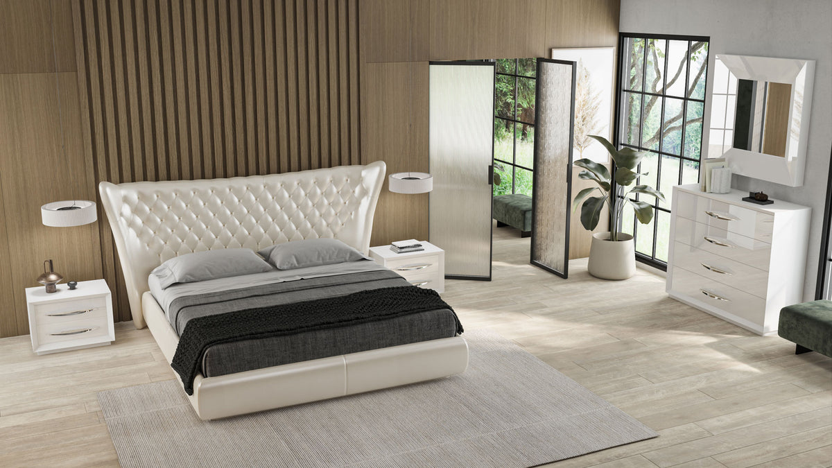 Modern White Queen Bedroom Set with Tufted Upholstered Headboard and High-Gloss Finish