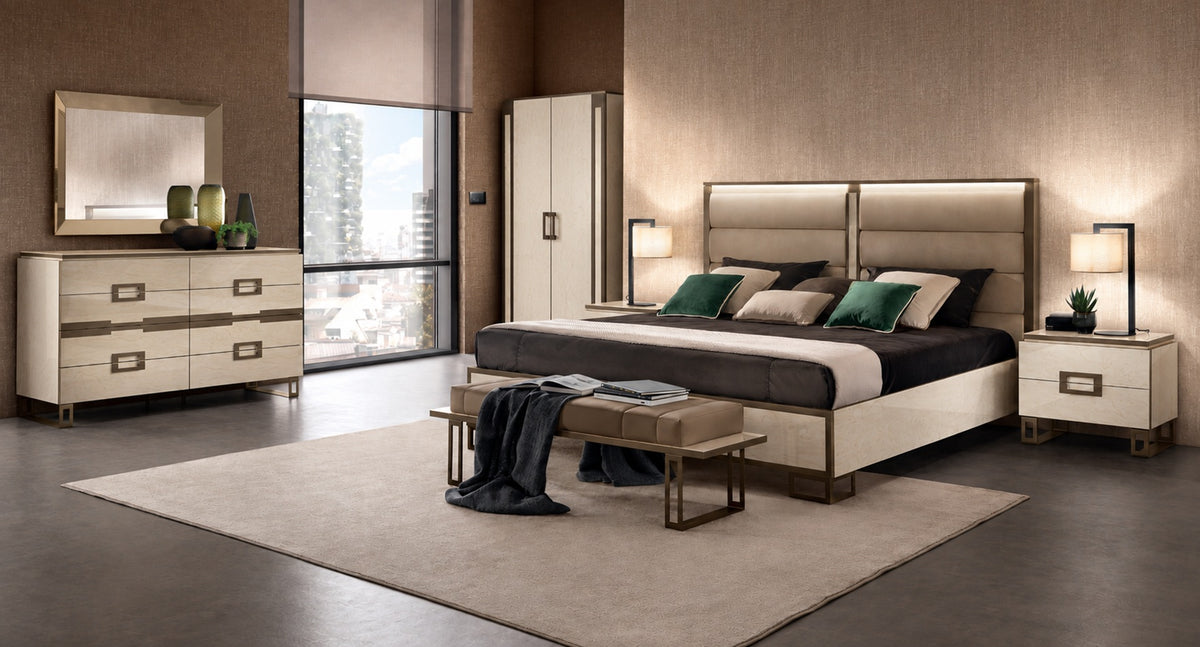 Upholstered Beige Queen Bedroom Set with LED Headboard and Mirrored Dresser