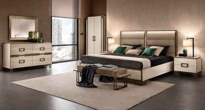 Upholstered Beige Queen Bedroom Set with LED Headboard and Mirrored Dresser