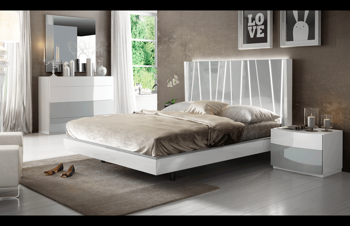 Modern White High-Gloss Queen Bedroom Set with Illuminated Headboard and Mirrored Dresser