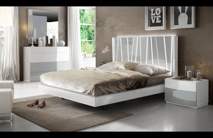 Modern White High-Gloss Queen Bedroom Set with Illuminated Headboard and Mirrored Dresser