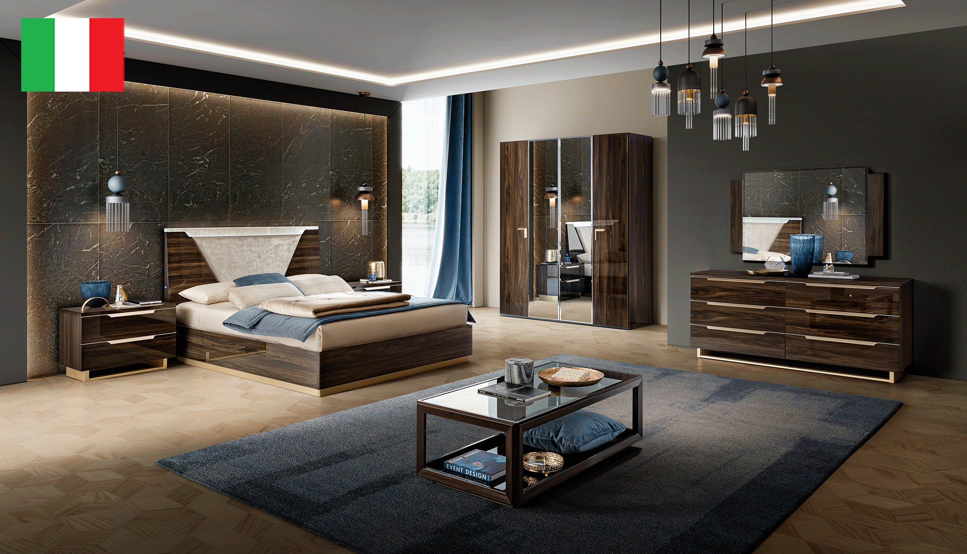 Complete Bedroom Setwith Walnut High Gloss Lacquer, Mat, Special Order Finish