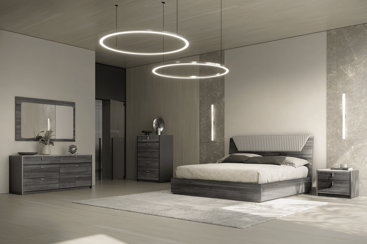 Modern Grey Oak King Bedroom Set with Upholstered Headboard and Marble-Effect Top Nightstands
