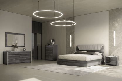 Modern Grey Oak King Bedroom Set with Upholstered Headboard and Marble-Effect Top Nightstands