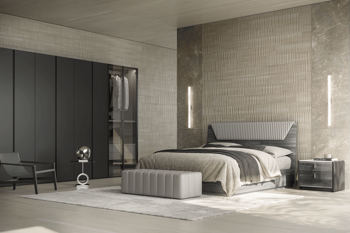 Modern Grey Oak King Bedroom Set with Upholstered Headboard and Marble-Effect Top Nightstands