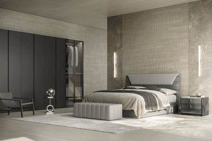 Modern Grey Oak King Bedroom Set with Upholstered Headboard and Marble-Effect Top Nightstands